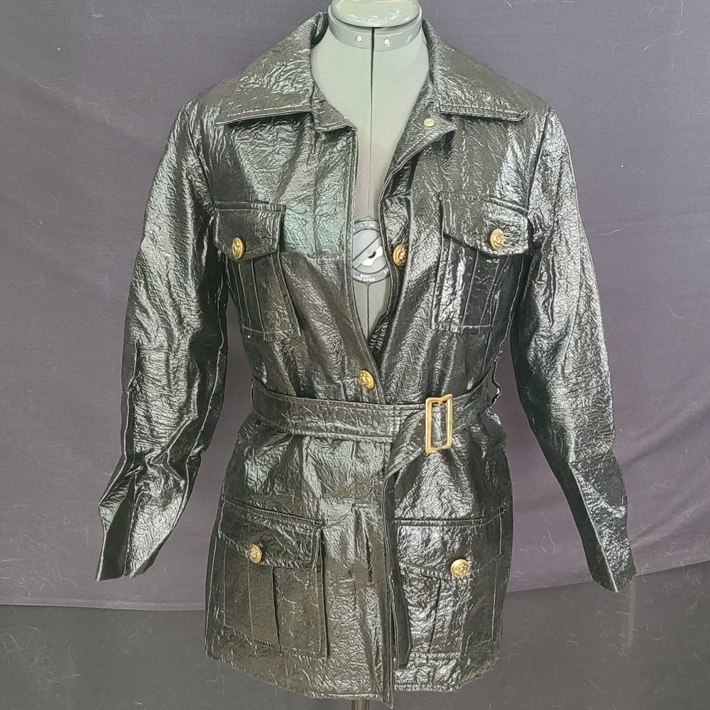 Vintage Black Vinyl Trench Coat for Women Size 10